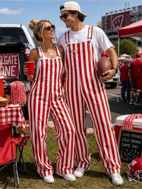 Game Bibs Red White Striped Bib Overalls NWT Size L 100% Cotton Tailgate USA